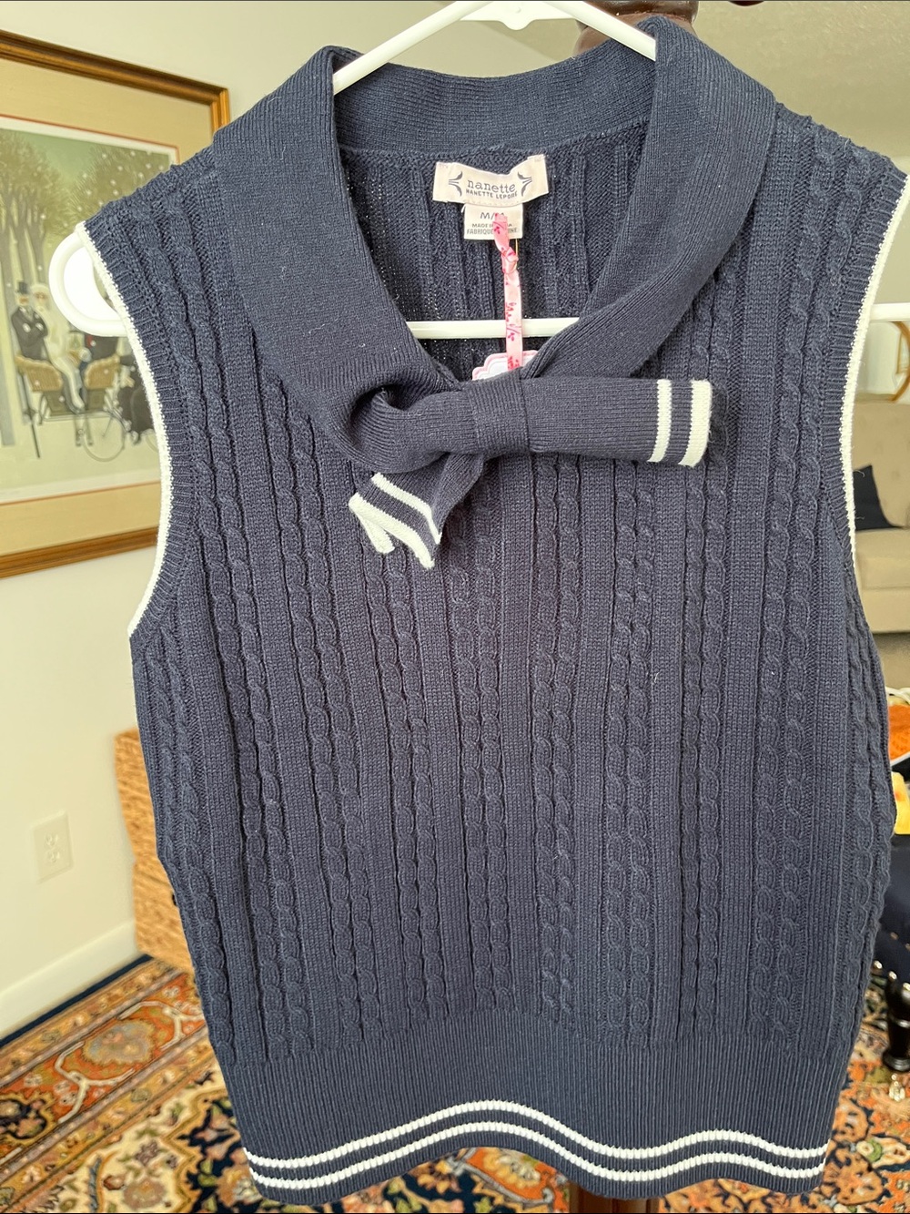 Nannette Navy Sleeveless Crewneck Sweater with Bow